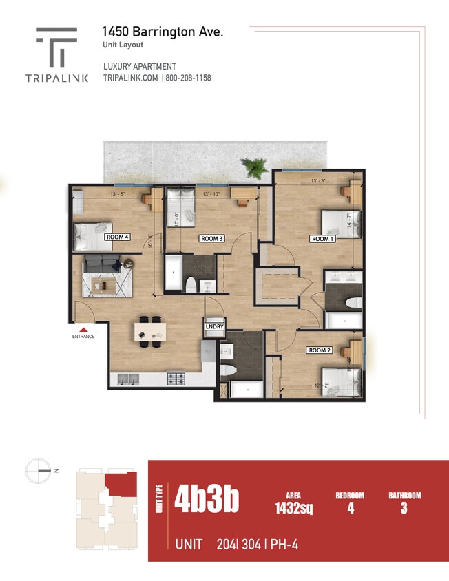 Floor Plan - 4 Bed 3 Bath - 1432 sqft