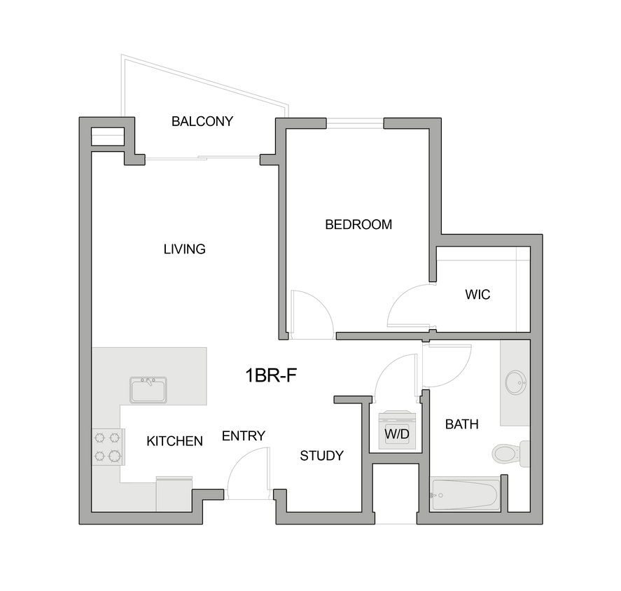 2D Floor Plan Rendering of a One-Bedroom Apartment - 1br-f