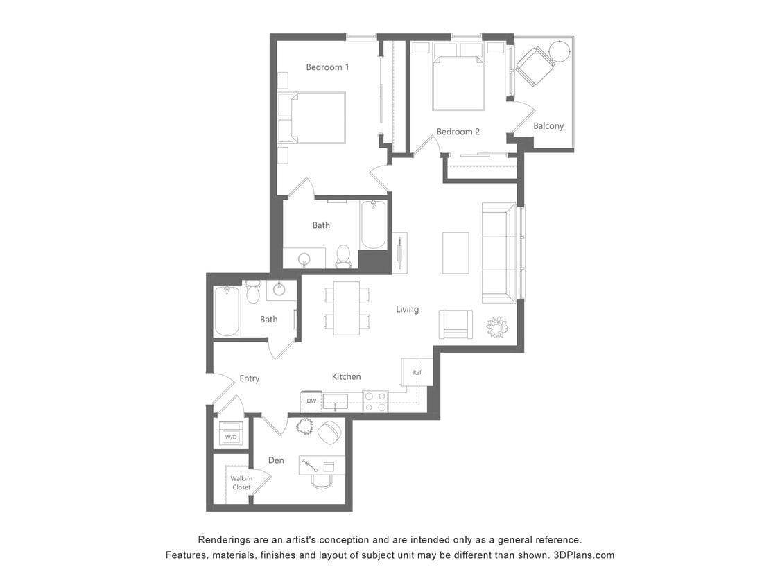 Floor Plan - 2 Bed 2 Bath +Den - 1147 sqft