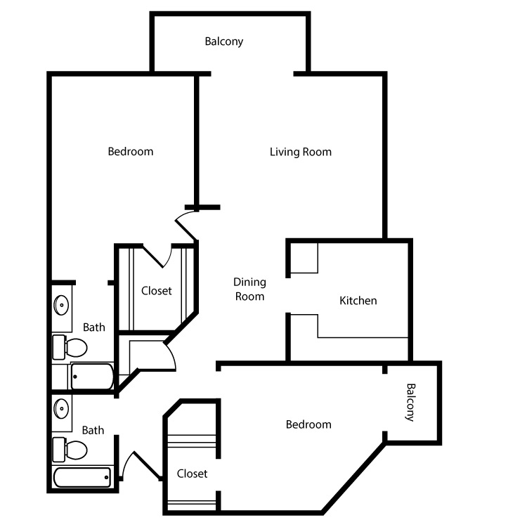 Two Bed Two Bath Floor Plan F - Hermosa F - 2X2D - (2BR)