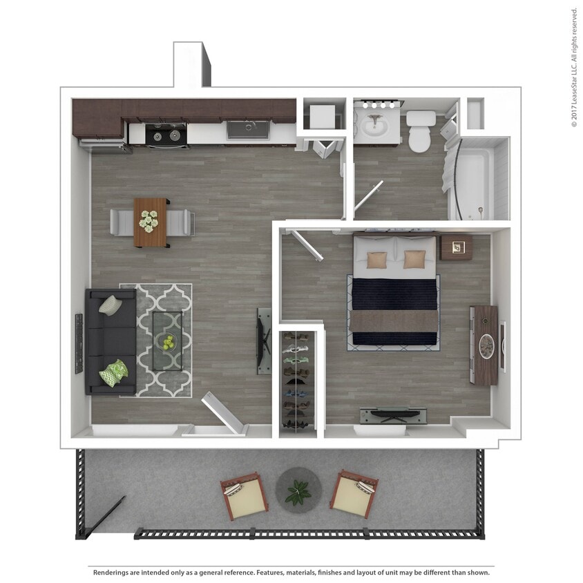 This courtyard-level one-bedroom home features a private gated entrance opening into a generous outdoor living area. Once inside, you will enjoy an open floor plan with nine-foot ceilings, a fully equipped efficiency kitchen with stainless steel appliances, room for a dinette, and a full-size washer - A1.1