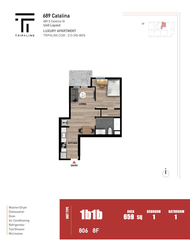 Floor Plan - 1 Bed 1 Bath - 659 sqft