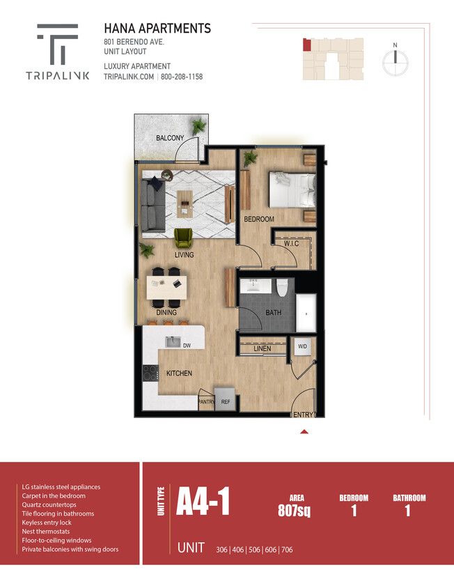 Floor Plan - 1 Bed 1 Bath - 807 sqft