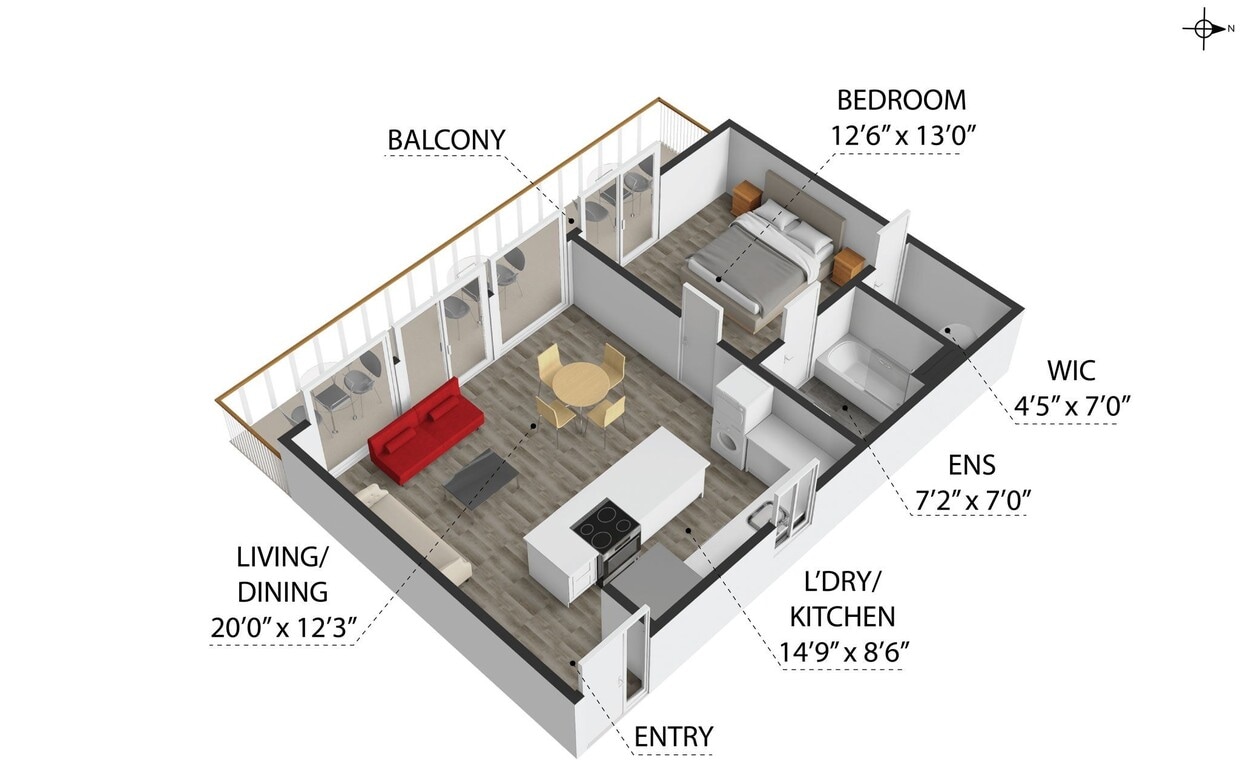 Floor Plan - 1 Bedroom, 1 Bathroom (B)