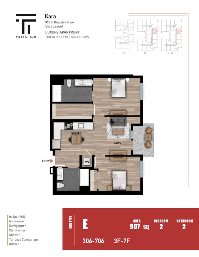 Floor Plan - 2 Bed 2 Bath - 907 sqft