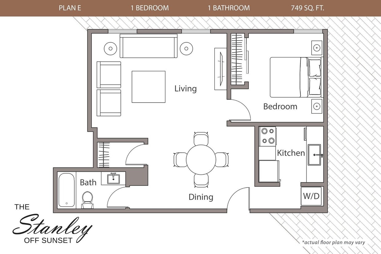 Floor Plan - 1 Bedroom, 1 Bath Plan E