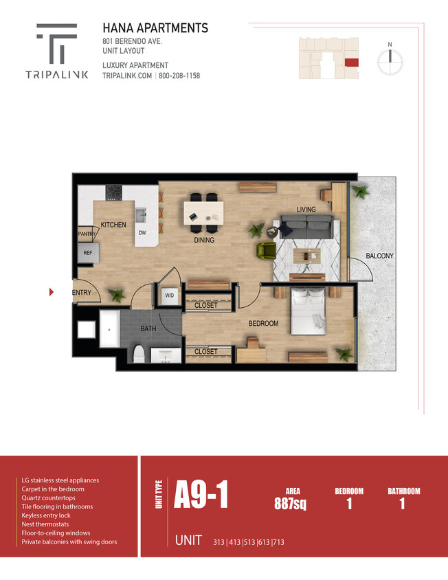 Floor Plan - 1 Bed 1 Bath - 887 sqft