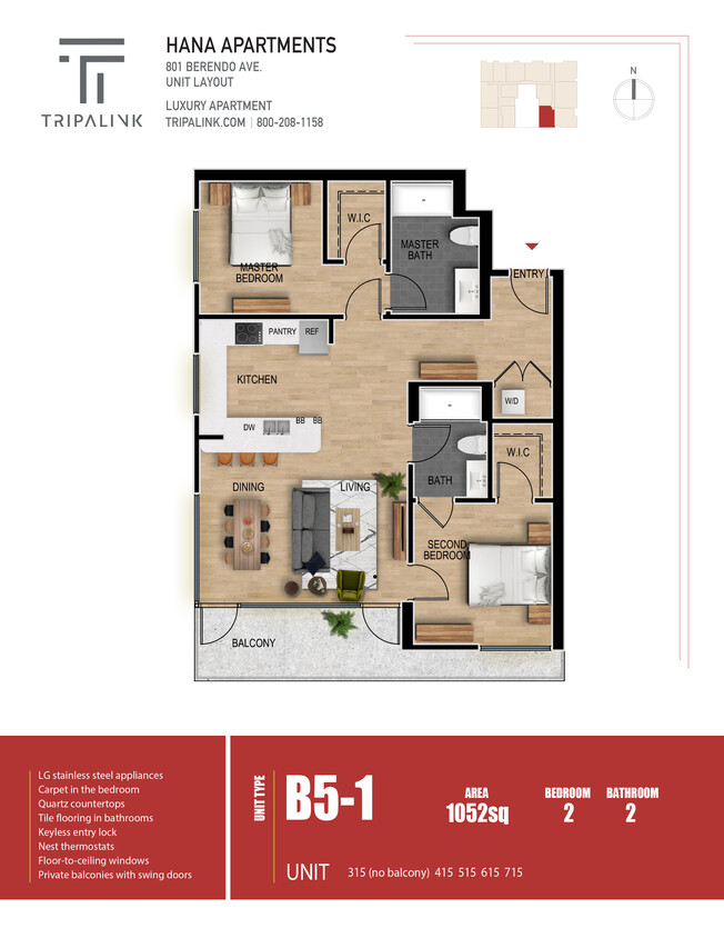 Floor Plan - 2 Bed 2 Bath - 1052 sqft