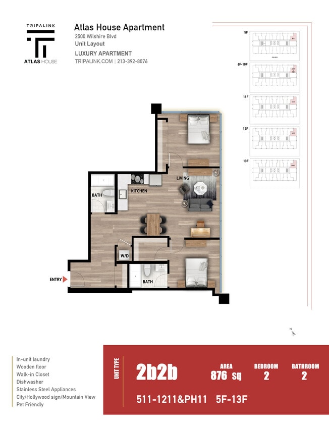 Floor Plan - 2 Bed 2 Bath - 876 sqft