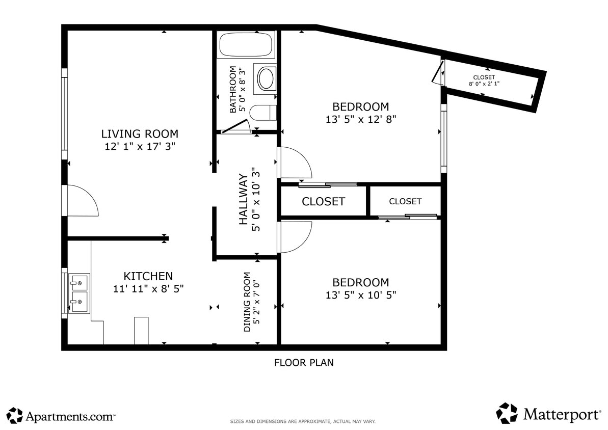 Floor Plan - 2BR, 1BA - 745SF - 2 Bed Apt.