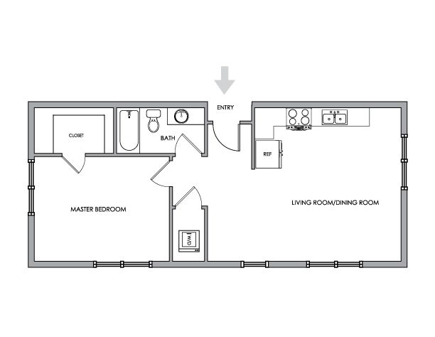 2D Floor Plan Rendering - One-Bedroom, One-Bathroom | Option 2 - 1x1