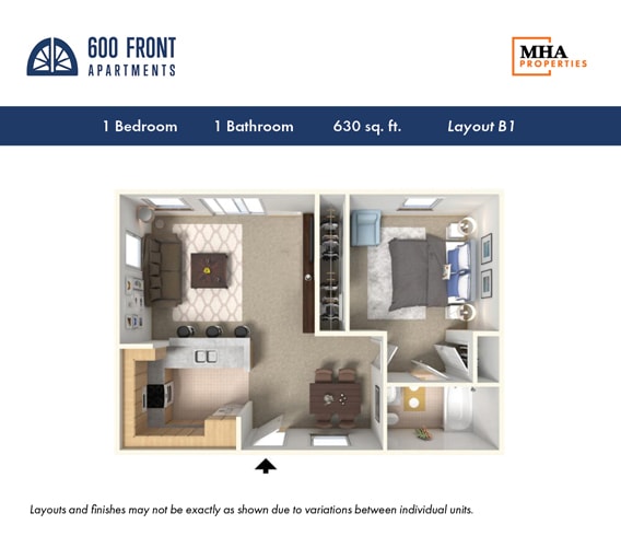 Floor Plan - 1 Bedroom, 1 Bath