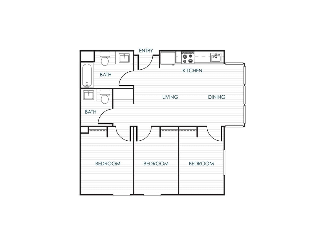 Floor Plan - 3-Bedroom 1.5-Bathroom Traditional Suite
