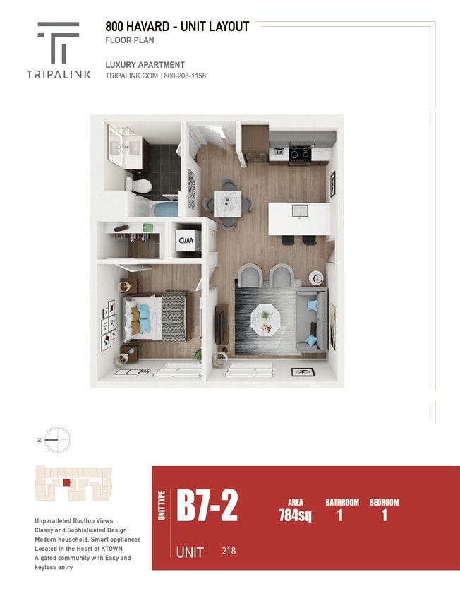 Floor Plan - 1 Bed 1 Bath - 784 sqft
