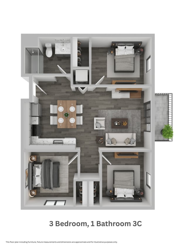 Floor Plan - Three Bedroom, One Bathroom 3C