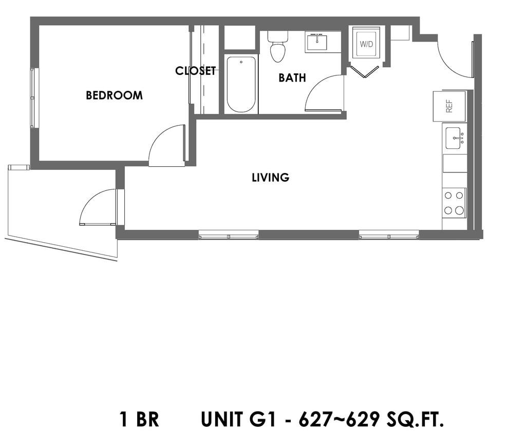 Floor Plan - 1 Bed 1 Bath - 628 sqft