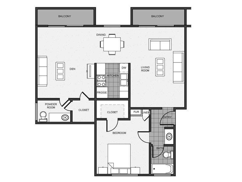 Floor Plan - 1 Bedroom 1.5 Bathroom with Den