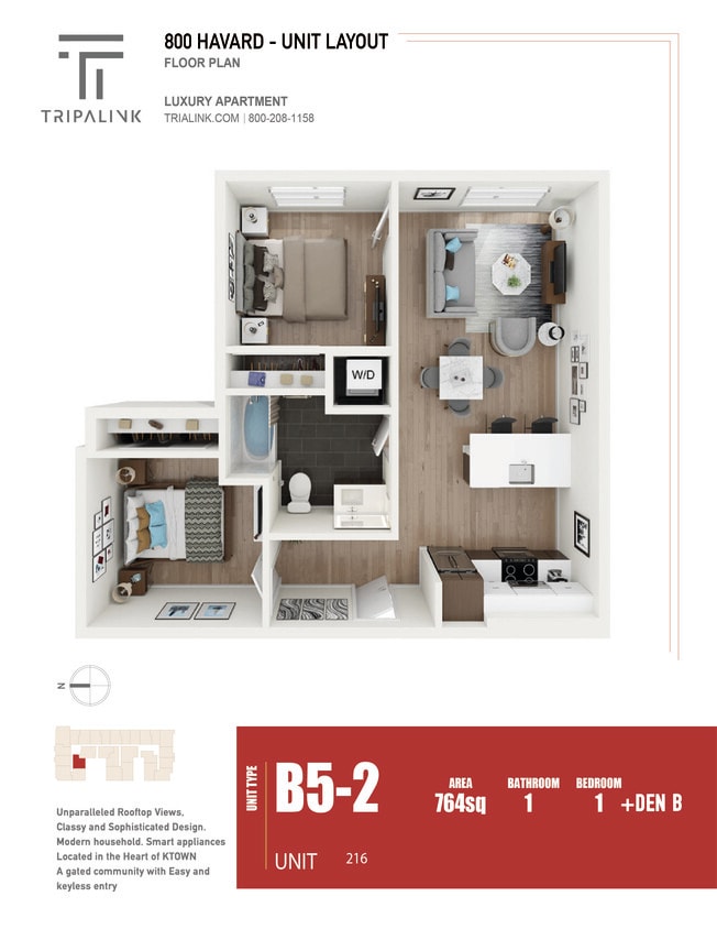 Floor Plan - 1 Bed 1 Bath +Den - 764 sqft