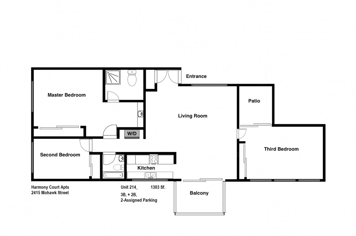 Floor Plan - 3+2,  1,303 Sf.,  2 Assigned Parking Spaces 