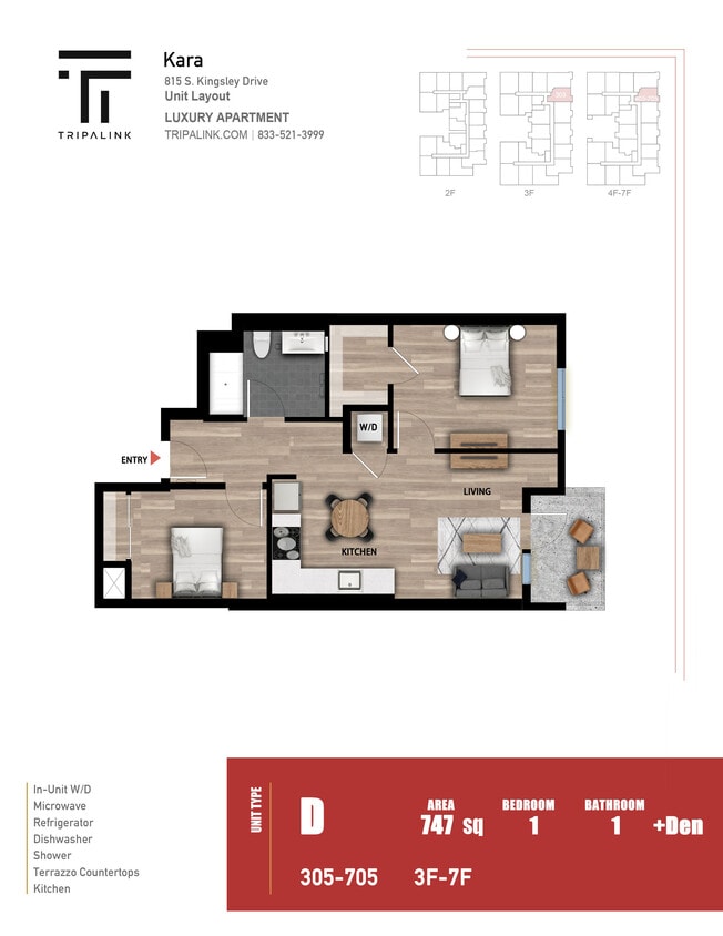 Floor Plan - 1 Bed 1 Bath +Den - 747 sqft
