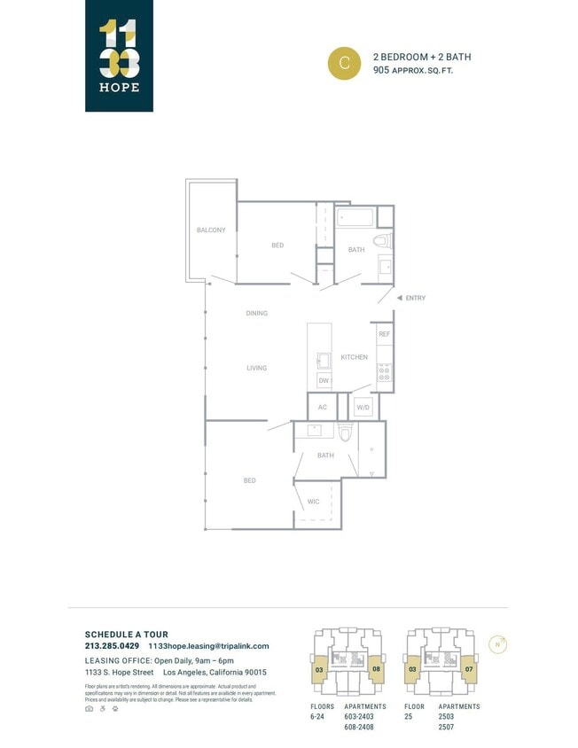 Floor Plan - 2 Bed 2 Bath - 905 sqft