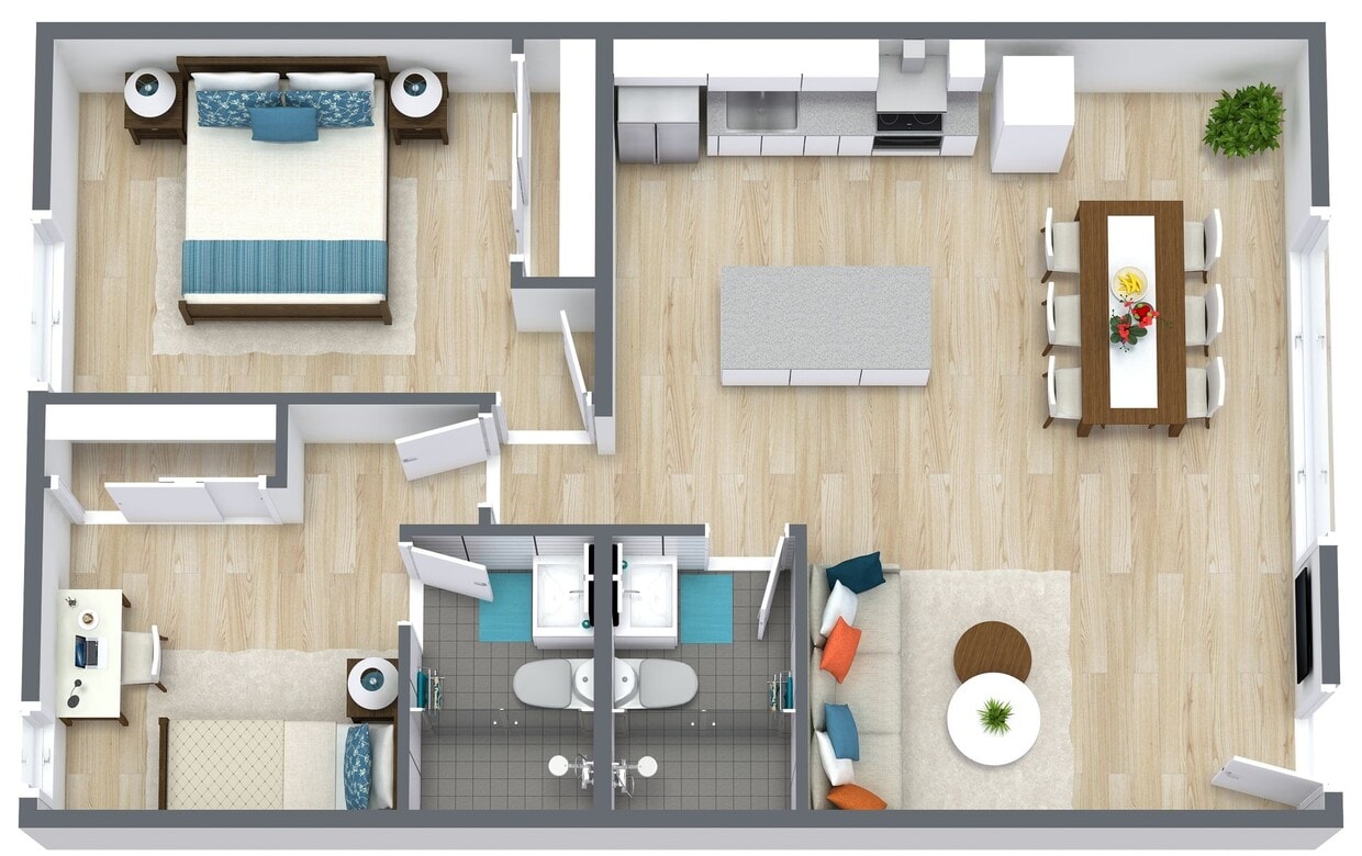 Floor Plan - 2 Bed 2 Bath | D1 | Corner Unit Floors 2 and 3