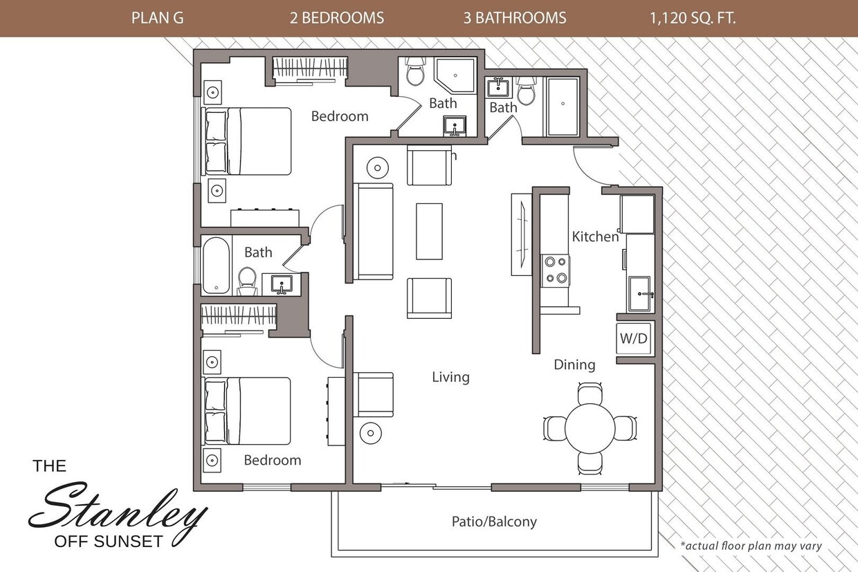 Floor Plan - 2 Bedrooms, 3 Baths Plan G