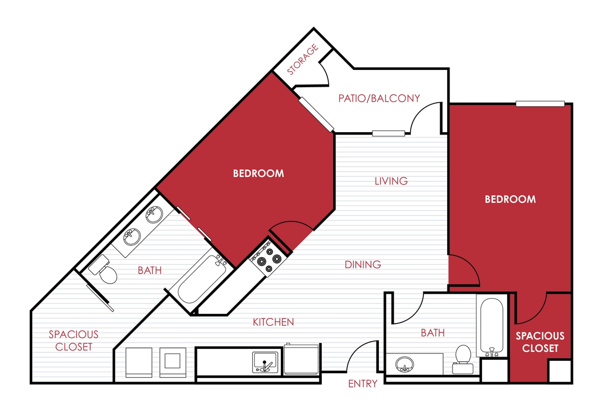 Floor Plan - 2 Bed 2 Bath - 902 sqft