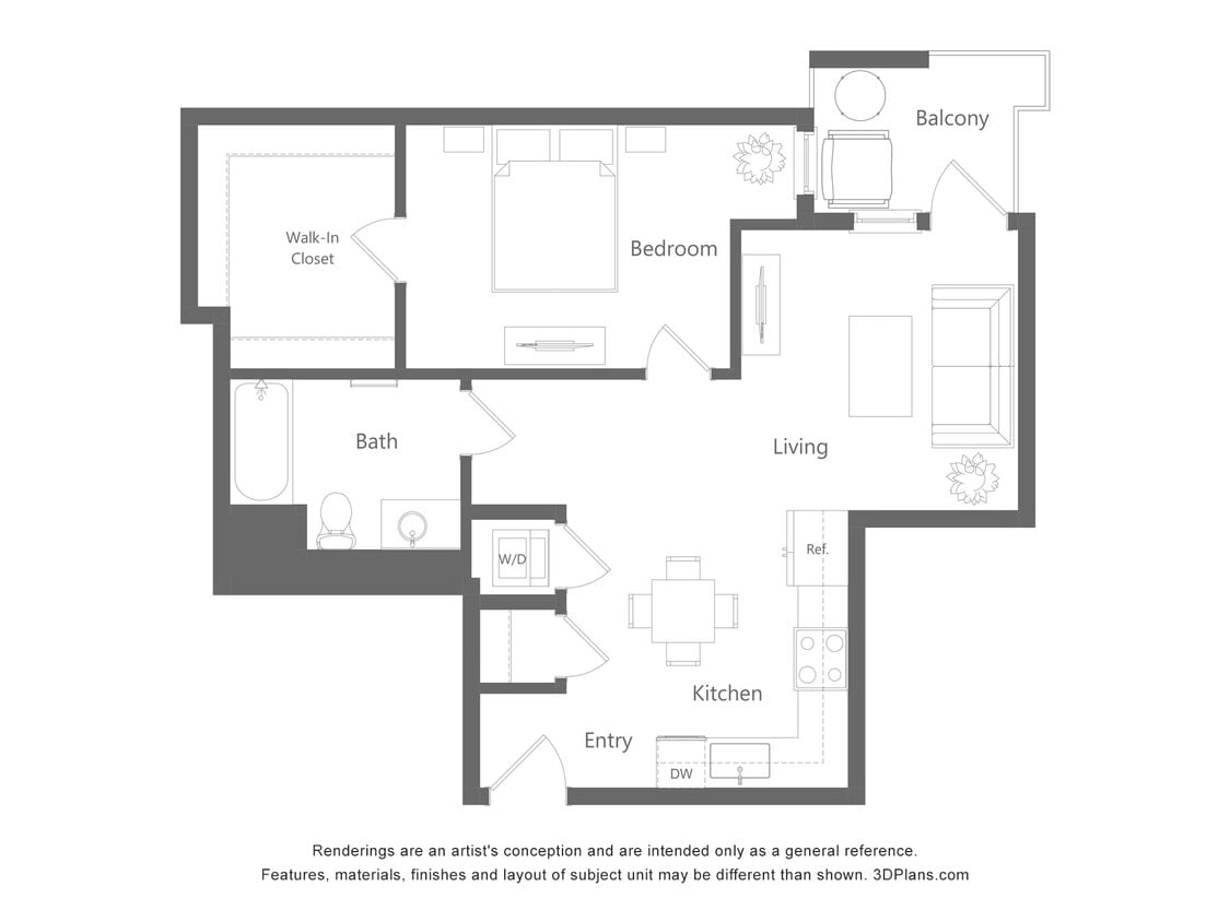Floor Plan - 1 Bed 1 Bath - 744 sqft
