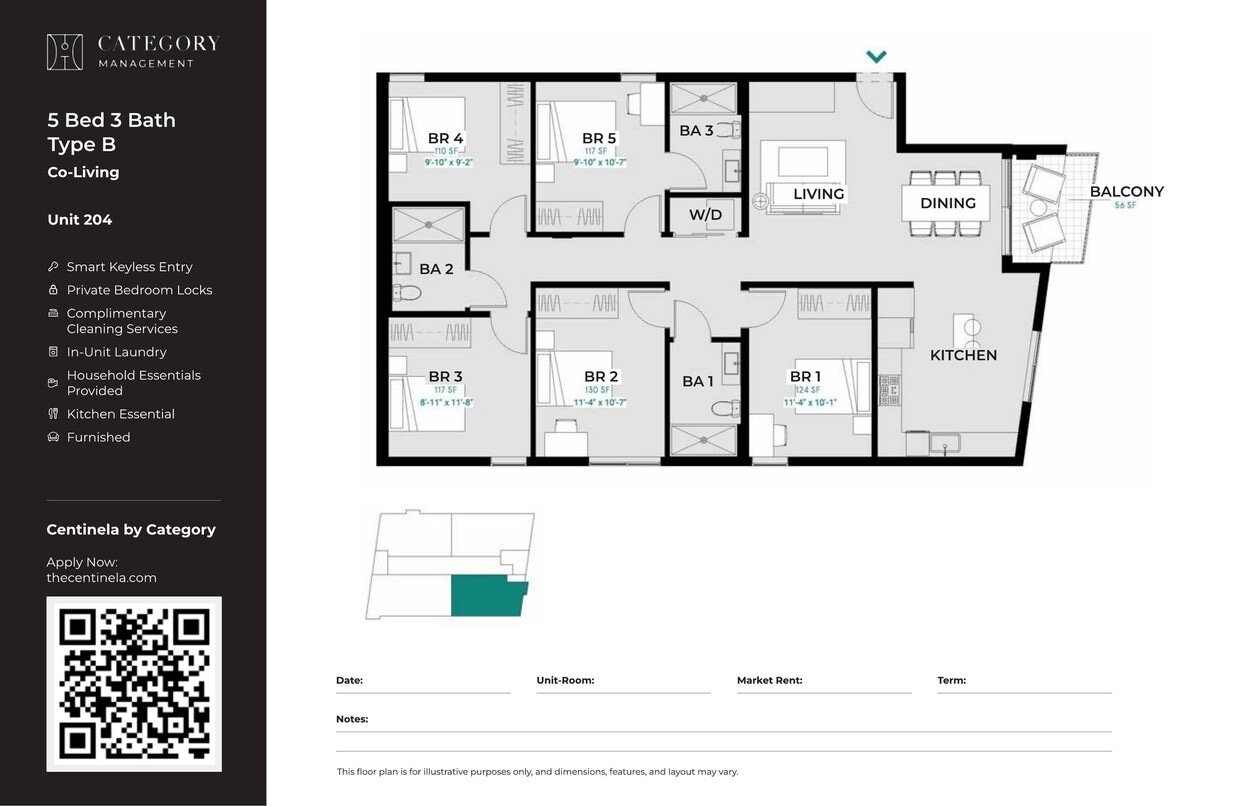 CENT_5_Bed_3_bath_Type_b - Private Bedroom in Shared 5 Bed 3 Bath - B