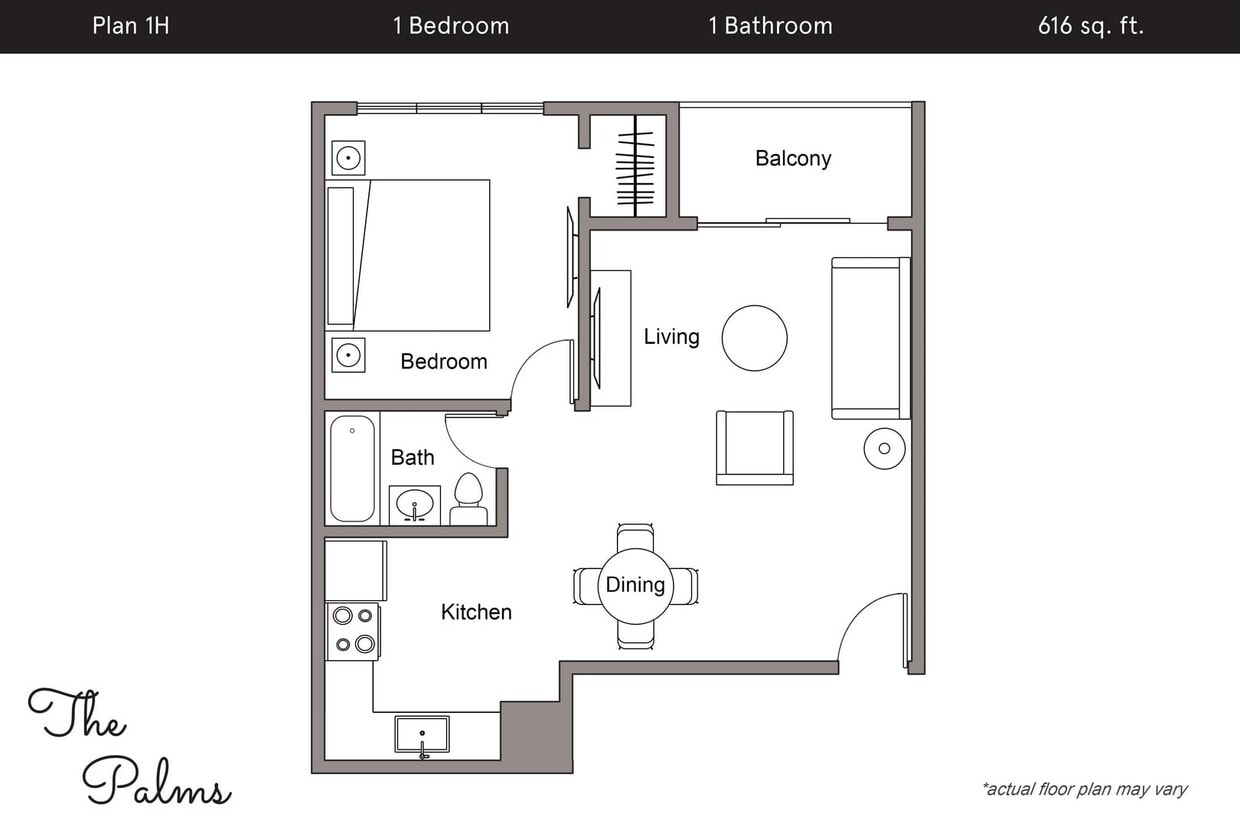 Floor Plan - 1 Bedroom, 1 Bath H