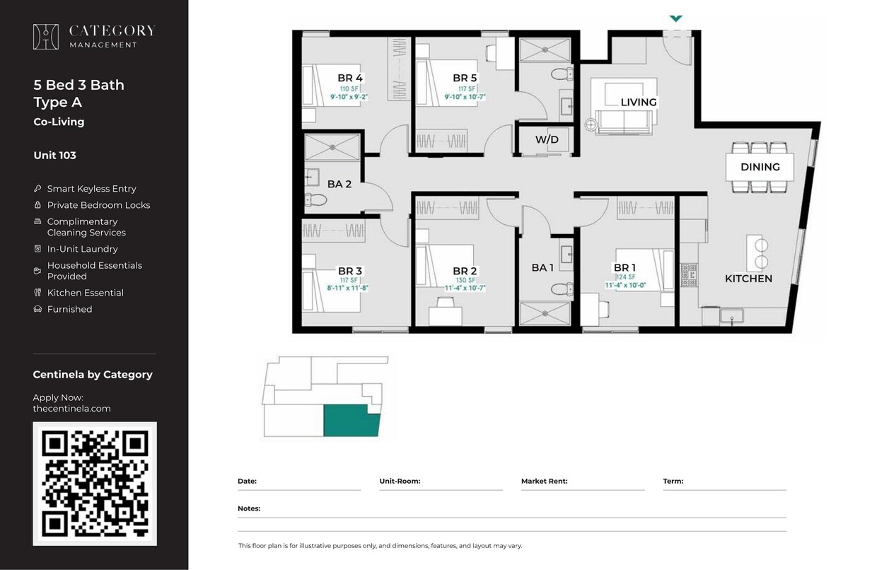 CENT_5_Bed_3_bath_Type_A - Private Bedroom in Shared 5 Bed 3 Bath - A