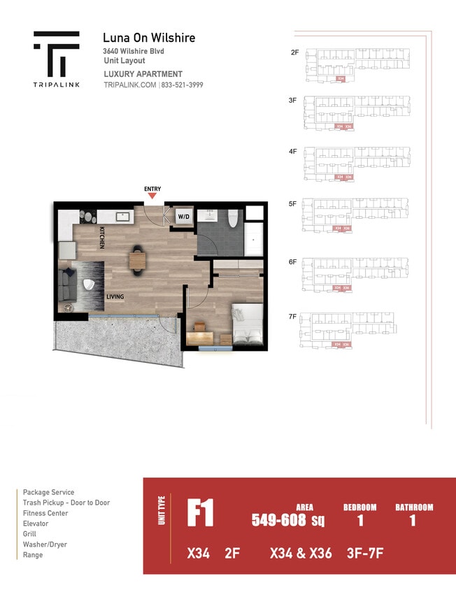 Floor Plan - 1 Bed 1 Bath - 607 sqft