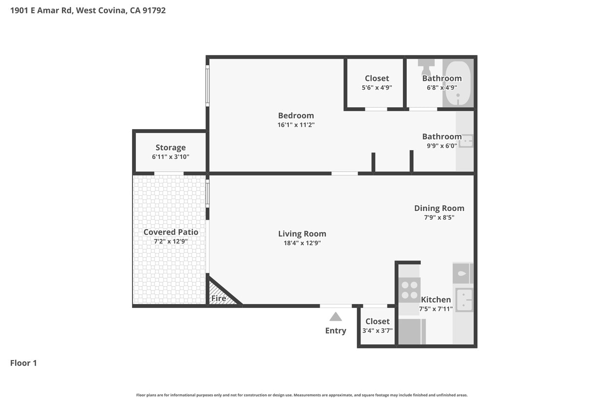Floor Plan - 1 Bed 1 Bath Downstairs