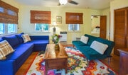 LIVING ROOM: Blue Sofa-Bed (left, queen), Green Sofa-Bed (right, full), bedroom (rear, right) - 14 S Venice Blvd Unit apt #14