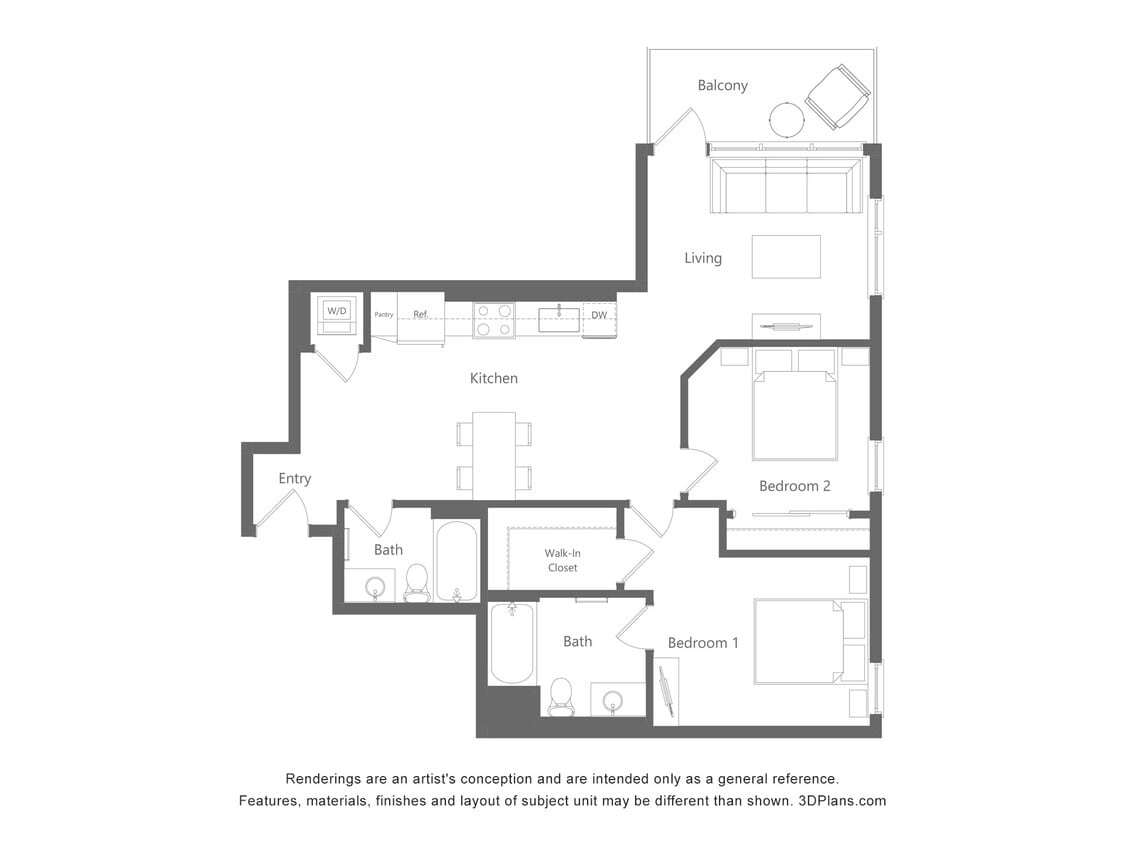 Floor Plan - 2 Bed 2 Bath - 1006 sqft