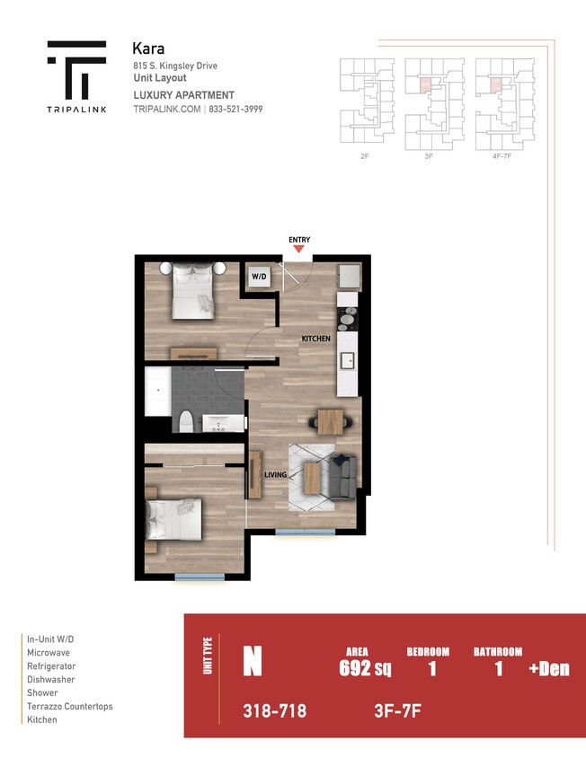 Floor Plan - 1 Bed 1 Bath +Den - 692 sqft