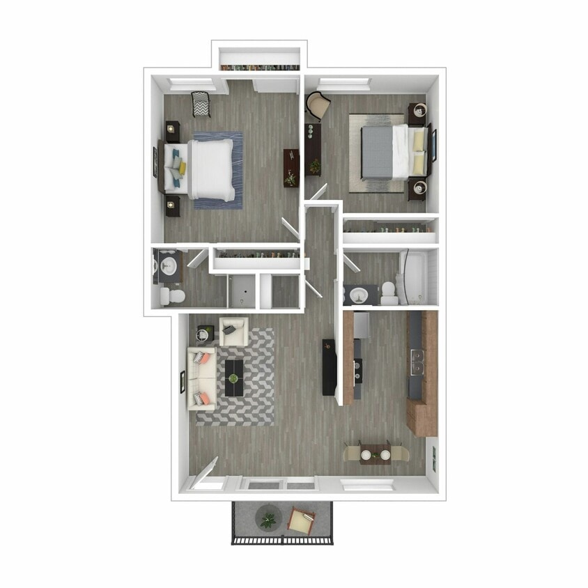 Two-Bedroom, Two-Bathroom 3D Furnished Floor Plan - 2+2