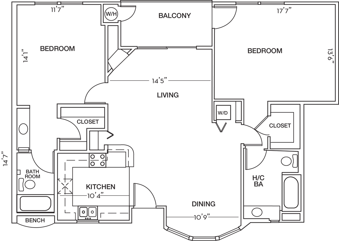 Floor Plan - 2 Bed 2 Bath Plan B Large 