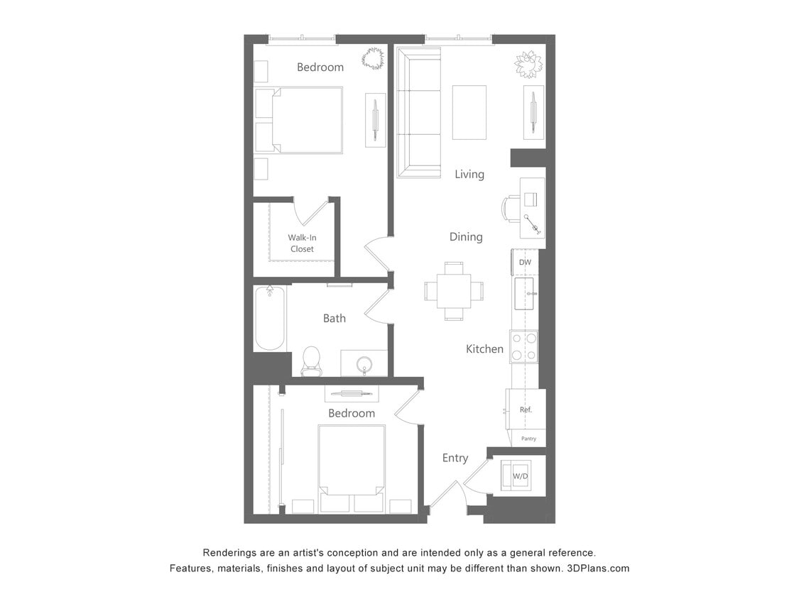 Floor Plan - 2 Bed 1 Bath - 857 sqft