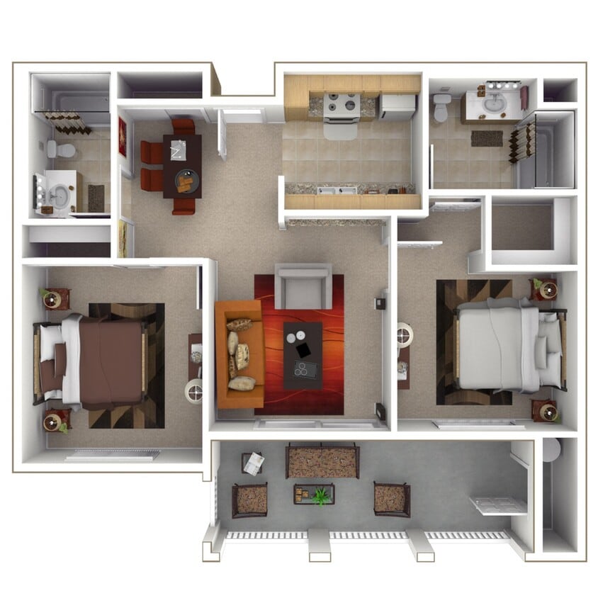 3D Rendering with furniture of a Two-Bedroom, Two-Bathroom Floor Plan - 2x2aR