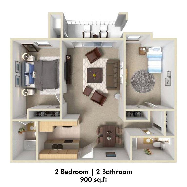 3D Rendering of a 1 Bed Floor Plan - 2x2