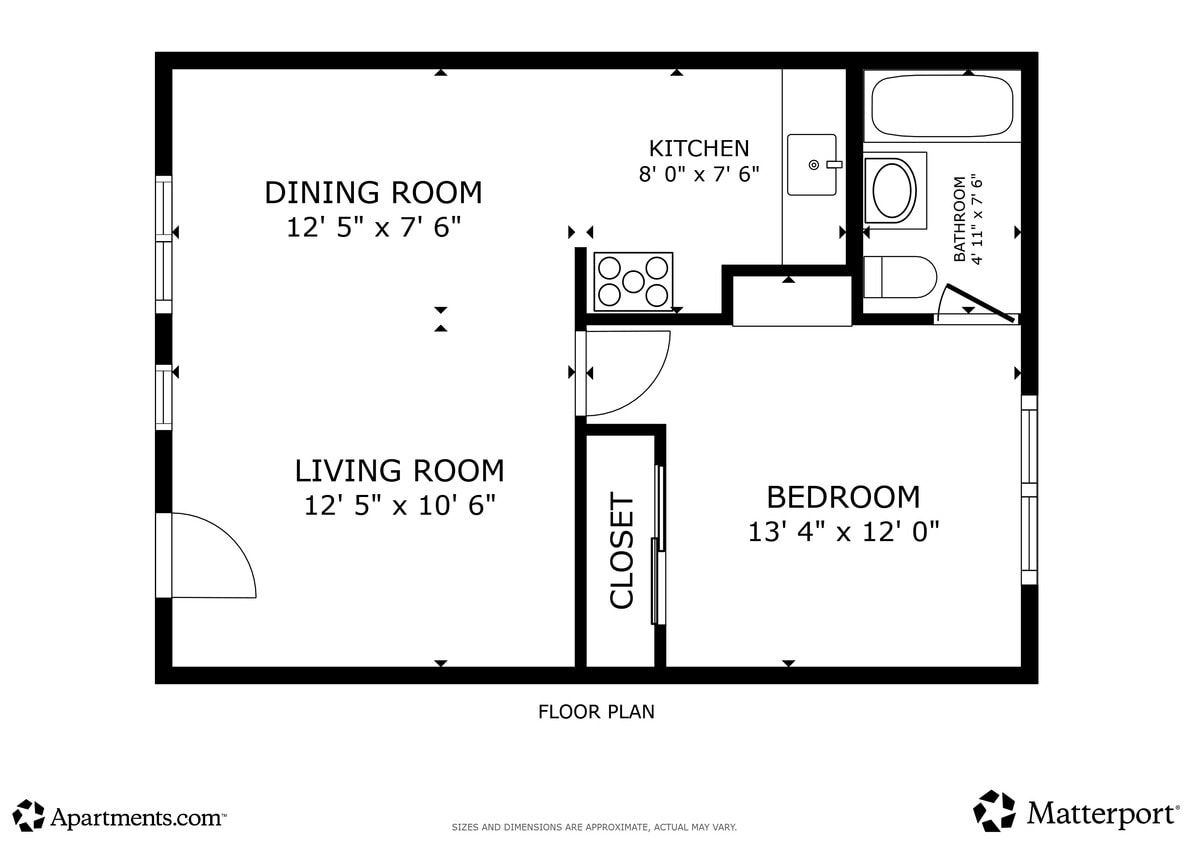 Floor Plan - 1BR, 1BA - 465SF - 1 Bed Apt.