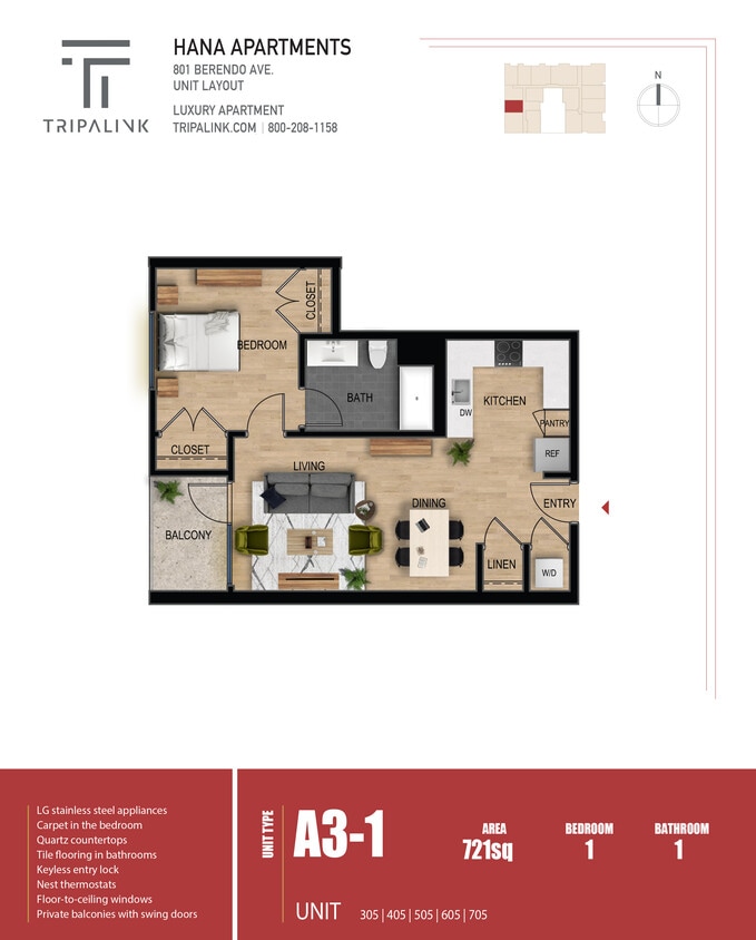Floor Plan - 1 Bed 1 Bath - 721 sqft
