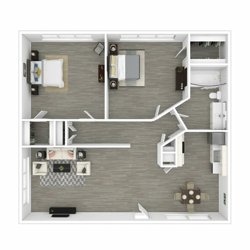 3D Furnished Two-Bedroom Floor Plan - 2x1