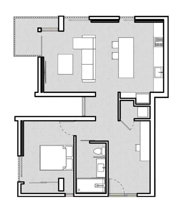 Floor Plan - 1 BR Deck + Den Floorplan K