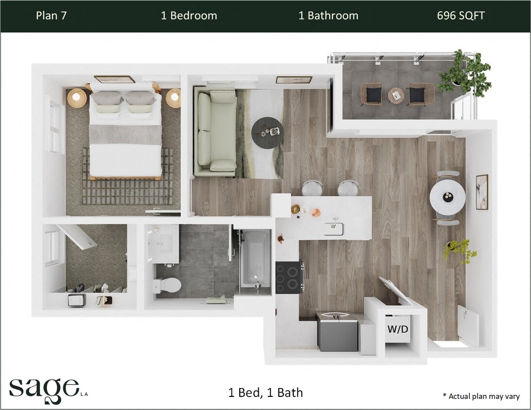 Floor Plan - 1 Bedroom, 1 Bath Plan 7
