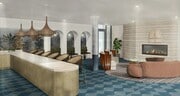 A warm, design-forward co-working lounge with bar seating, cozy corners, and inviting fireplace moments. - Modera Melrose
