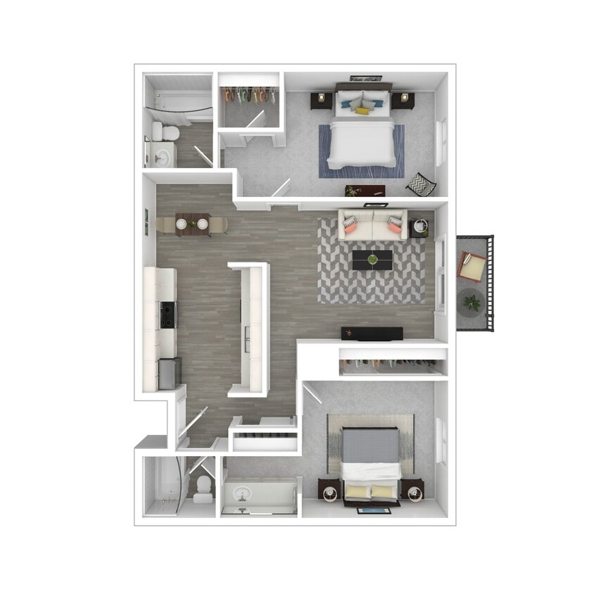 3D Furnished Two-Bedroom A Floor Plan - 2x2A