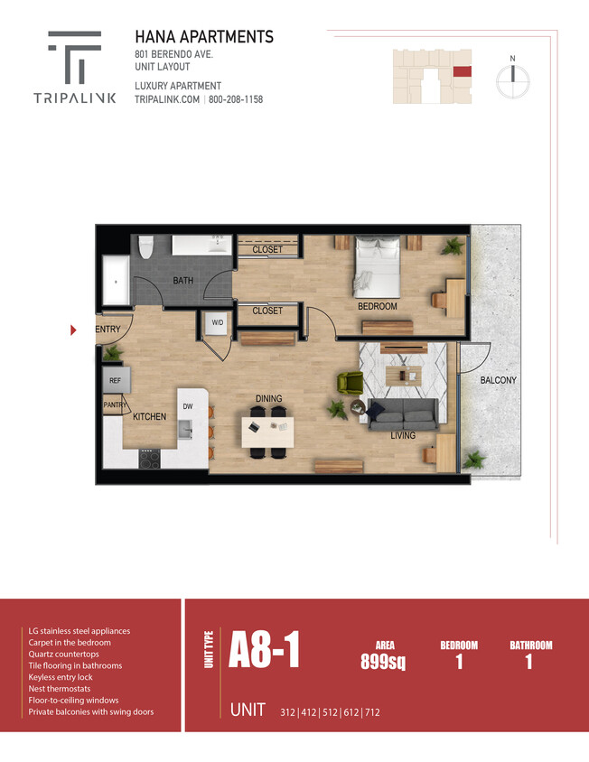 Floor Plan - 1 Bed 1 Bath - 899 sqft